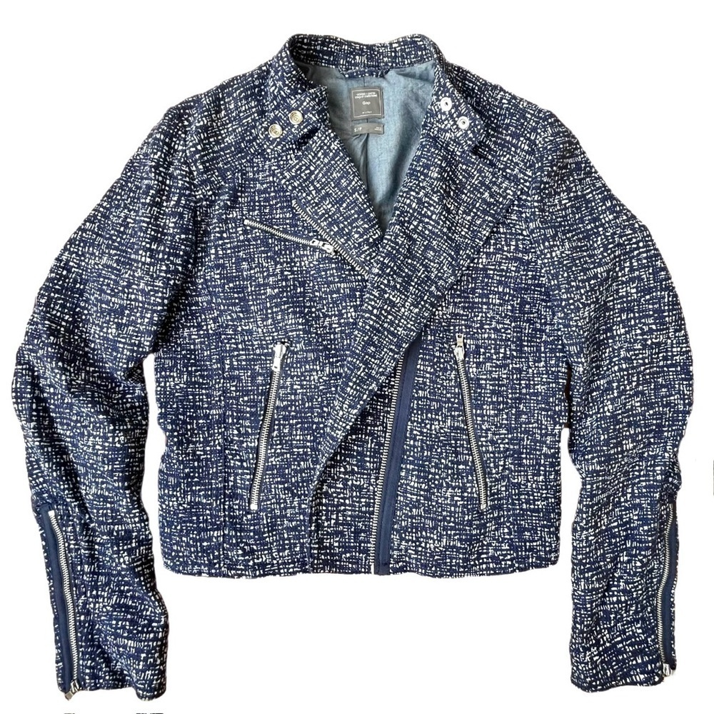 Gap Cotton Moto Style Jacket, Blue Print, Silver Hardware, Size Small - Picture 3 of 5